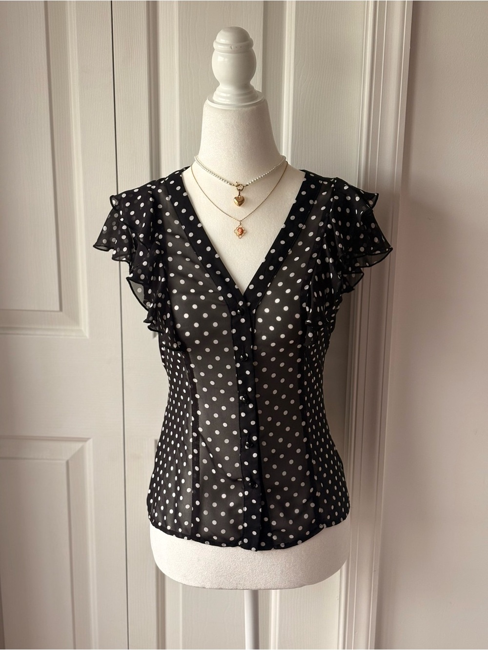 Sheer Black Polka Dot Flutter Sleeve Blouse